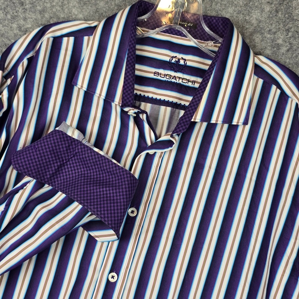 Bugatchi Shirt Mens XXL Purple Multi Classic Fit Contrast Flip Cuff Striped